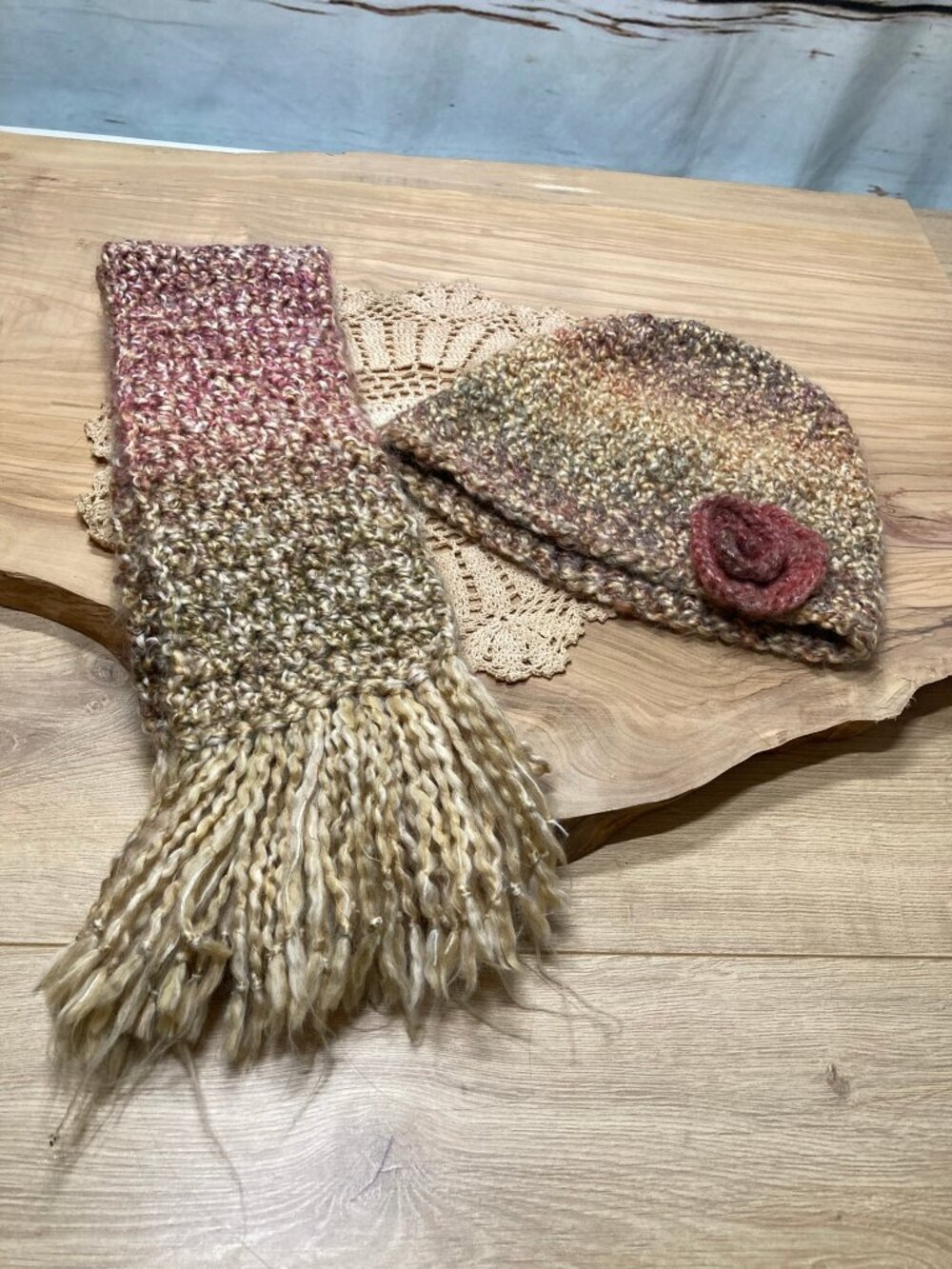 Handmade Crochet Beanie Scarf Set Earthy Brown Pink Ombre Knit Flower